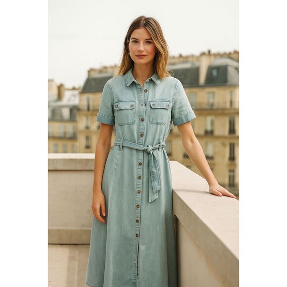 SEZANE Blue Denim Button Up Belted Midi Dress   Women's Size 34 - Picture 1 of 8